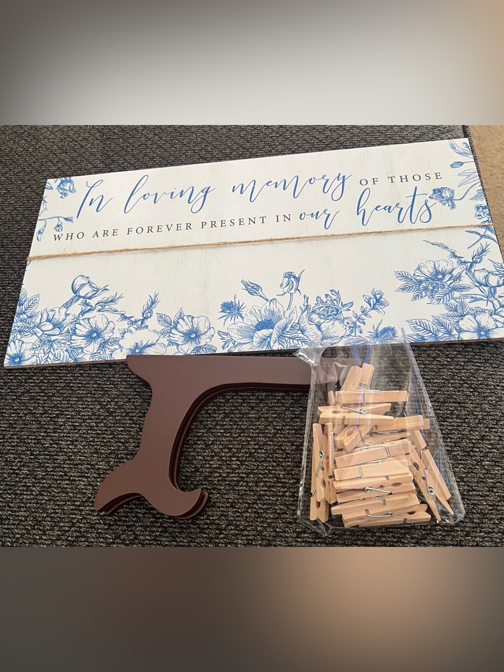 Memorial Tabletop Sign with Blue Floral Script with mini Clothespins